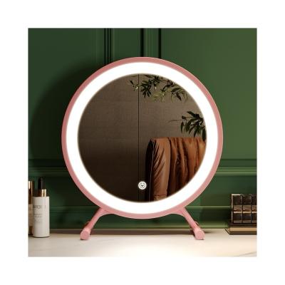 China Durable Round Makeup mirror dressing table standing touch screen led trapezoidal storage base three color switching Vanity mirror for sale