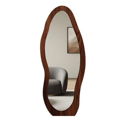 China Contemporary Wall Solid Wood Floor Full Length Standing Irregular Home Decorative Curved Large Arch Shaped Frame Wave Mirror for sale