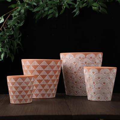 China Modern Optional Size Wholesale Matte Cylinder Pattern Embossed Bonsai Clay Planters Garden Decor Terracotta Ceramic Pot For Plants for sale