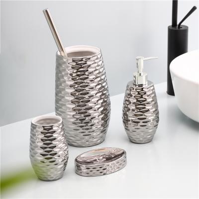 China Sustainable Stylish Design Hotel Toilet Brush Holder Ceramic Soap Dispenser Bath Set 4 Pcs Luxury Bathroom Sets for sale