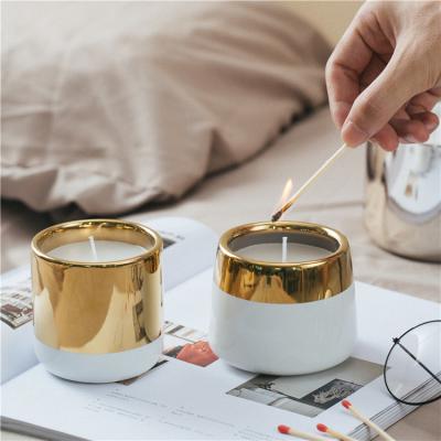 China ECO-frendly Decor White Ceramic Container Candle Jar and Gold Plated Luxury Home Empty Gold Plated Candle Jar with Gold Rim for sale