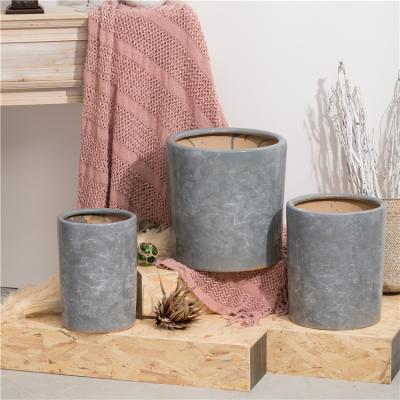 China Modern Unique Gray Marble Outdoor Home Decor Large Size Cylinder Design Color Ceramic Flower Planters Pots For Plants for sale