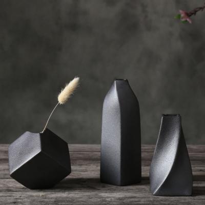 China Eco-friendly Nordic European Ceramic Matte Black Modern Minimalist Porcelain Vase Indoor Art Glazed Vase Set Ceramic Flower Vases For Home Decor for sale