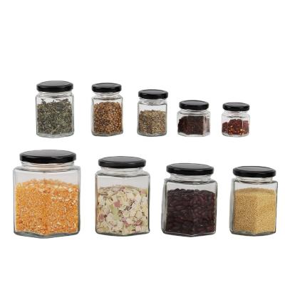 China Sustainable Wholesale Hexagon Glass Jam Jar Jars For Jam Honey With Screw Metal Lid for sale