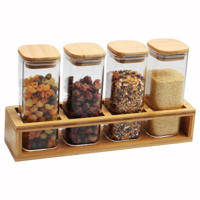 China 5pcs Heatable Top Selling Medium High Borosilicate Glass Set Food Storage Jar Suit With Bamboo Lid Square for sale