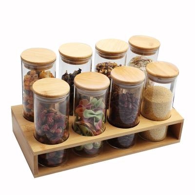 China High Quality Heatable 9pcs Borosilicate Glass Jarset with Bamboo Shelf for Sugar Rice Storage Containers for sale