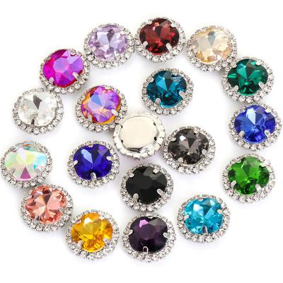 China Hot Sale 12mm Round Glass Flatback Glitter Sew On Rhinestone Crystal Silver Base Wtih Claw Flatback For Wedding Dresses for sale