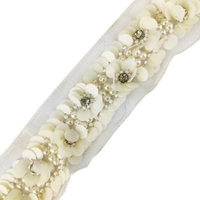 China High Quality Handmade Flatback Lace Pearl Rectangle Shape Beaded Beads With Lace DIY Wedding Dress Accessories for sale