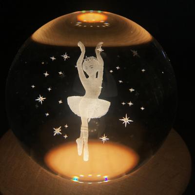 China Factory Price Modern New Christmas Gift 3D Ball Music Projector Rotating Crystal Wooden Night Light For Kids for sale