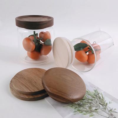 China High Quality Non-refillable Wholesale Customized Spice Jar Cover 500g Glass Jar With Wooden Cover For Storage for sale