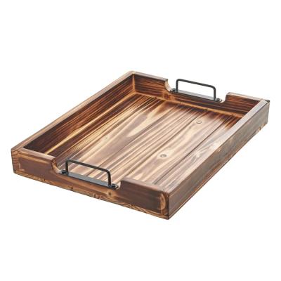 China Kitchen Burnt Color Rustic Serving Wood Tray Decorative Vintage Wooden Trays With Metal Handles for sale