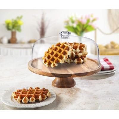 China Viable Manufacturer Price Acacia Wood Round Cake Dish Foot Server With Acrylic Dome Lid for sale