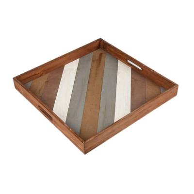 China Viable Living Room Centerpiece Decor Drinks Liquor Wood Serving Tray With Stitching Colorful Patterns for sale