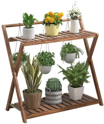 China Modern Flower Pot Rack with Wheels - Plant Shelf Wooden 2 Tier Hanging Ladder Rack Foldable Display Rack for sale