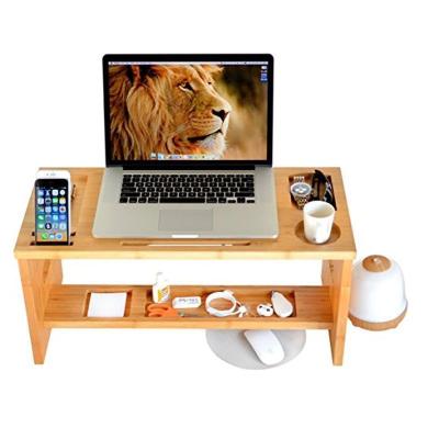 China (Other) Adjustable Bamboo Monitor Stand Office Desk 2 Tier Computer Organizer Desk with Storage Accessories for sale