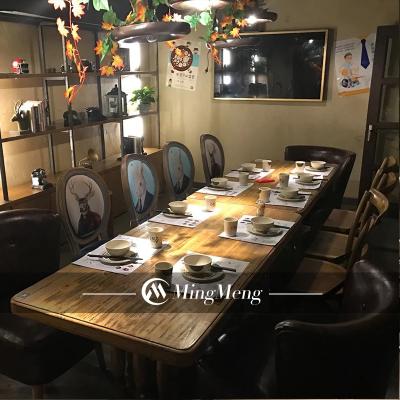 China Asian Mid Century Restaurant Bar Furniture Wood Table Set With Leather Chairs Restaurant Tables And Chairs Prices for sale