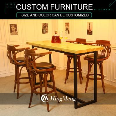 China Eco-Friendly Commercial Bar Furniture Table Top Metal Bar Table Iron Frame Solid Wood Table Bar for sale