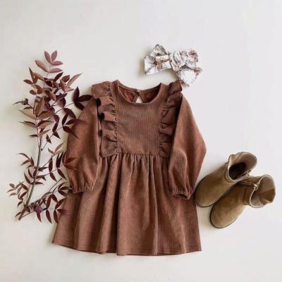 China 2020 Ins Girls Fall And Winter Breathable Warm Corduroy Pleated Lace All-match Girl's One-Line Dress for sale