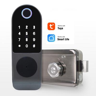 China Home/hotel/commercial/apartment/area ect. Waterproof Smart Electric Rim Lock With Tuya Life Smart APP WIFI Outdoor Door Fingerprint Door Lock for sale