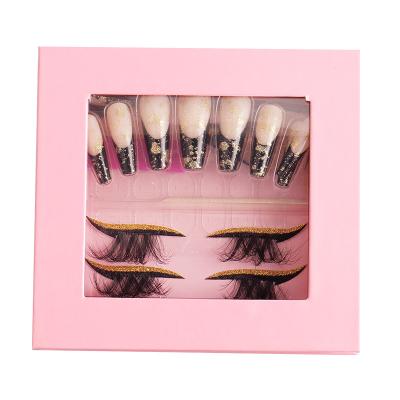 China Natural ; Gently 2 IN 1 Press On Nail Colored Pink False Eyelashes With 8D Eyeshadow Decoration Fluffy Dramatic Eye Lashes 3 Pair Set for sale