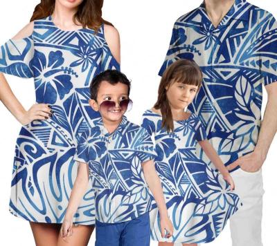 China 2021 New 4Pcs Set Mom/Daughter Anti-Static Polynesian Printing Dress With Shorts Sleeve Match Shirts Dad/Son Family Clothing Set for sale