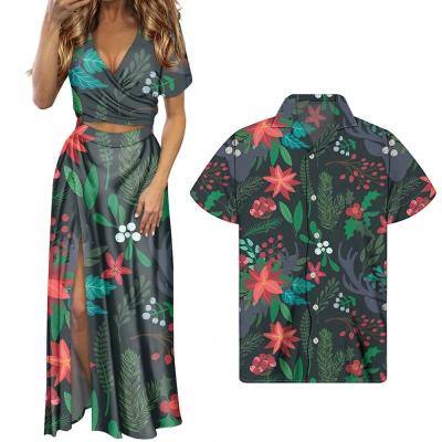 China Breathable Partner Christmas Poinsettia Print Pattern Couples Matching Clothes Women Summer Dress And Men Shirt With Long Split for sale