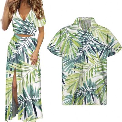 China Breathable Island Life Couples Matching Clothes Hawaii Banana Palm Leaves Pattern Women Summer Dress And Men Shirt With Slit for sale