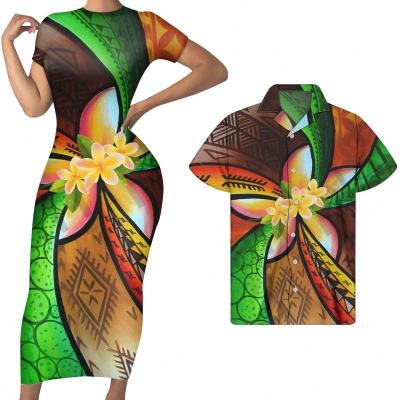 China Island Tribe Anti-Static Plumeria Flower Print Polynesian Yellow Tribal Shorts Sleeve Bodycon Dress Women Matching Men Shirts Custom Couples for sale