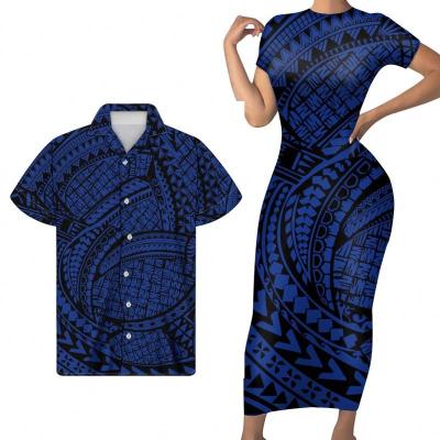 China Breathable Dress and Shirt Set Tribal Short Sleeve Women Bodycon Dress Match Shirt Dress Tribal Print Black Polynesian Blue Summer Casual Couples for sale