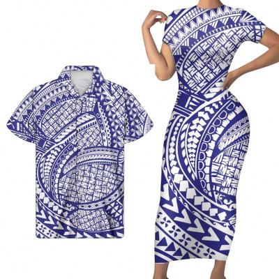 China Breathable Dress And Shirt For Couples Blue And White Polynesian Tribal Original Design Women Short Sleeve Club Bodycon Dress Match Men for sale