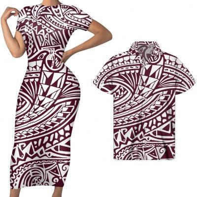 China Breathable Couples Dress Reddish Brown White Tribal Polynesian Print Women Clothing Vintage T-Shirt Women Summer Plus Size Shorts for sale