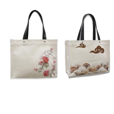 China Lady 12OZ/14OZ/16OZ OEM/ODM Silk Screen Cotton Canvas Bag Cheap Price Handle Leather Canvas Tote Shoulder Bag for sale