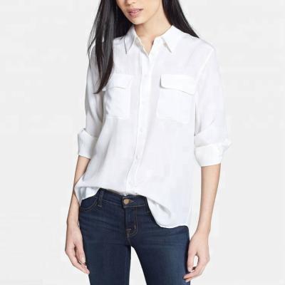 China Latest Sustainable Shirt Designs For Women Button Down Shirt White Long Sleeve Silk Shirt for sale