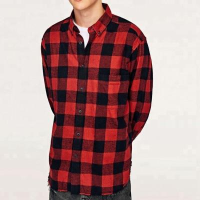 China Anti Shrink Mens Button Down Collar Red Black Checked Flannel Shirt for sale