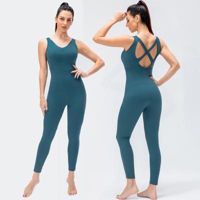 China 2022 New Trend Yoga Women's Breathable Sexy Cross Fitness Overalls Stretchy Sportswear Breathable Naked Feeling Cloth Back Gym Suit for sale