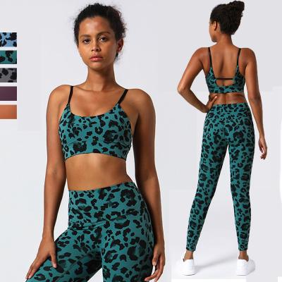 China Women's Breathable Leopard Print Sports Yoga Set 2 Pieces Stretchy Fitness Suit Female Gym Clothing Custom Sportswear for sale