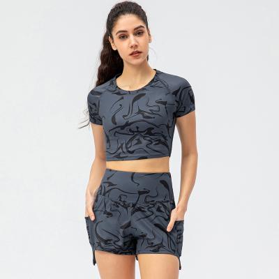 China Breathable Wholesale Women Two Piece Fitness Yoga Set Summer Shorts Sportswear Short Sleeve Crop Top High Waist Shorts Gym Clothing for sale