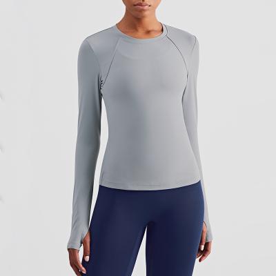 China Wholesale Breathable Long Sleeve With Thumb Holes Yoga Shirt Women Around Neck Gym Slim Fit Top Breathable Fitness Running Wear for sale