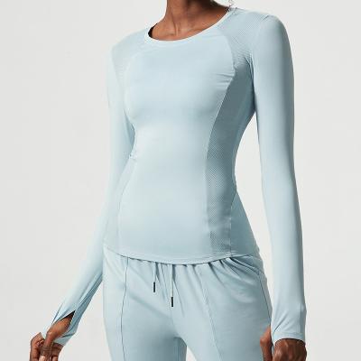 China Custom Breathable Clean Brand Women Yoga Wear Long Sleeve With Thumb Holes Fitness Shirt Slim Fit Elastic Quick Dry Gym Top for sale