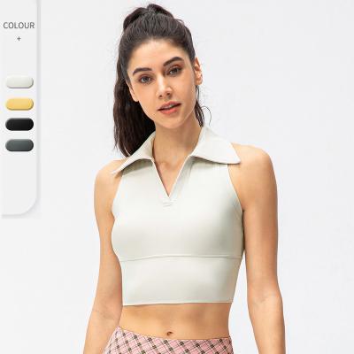 China New Design Breathable Sleeveless Wholesale Fitness Crop Tops Fashion Yoga V-Neck Lapel Women Workout Top Custom Female Tanks Invest for sale