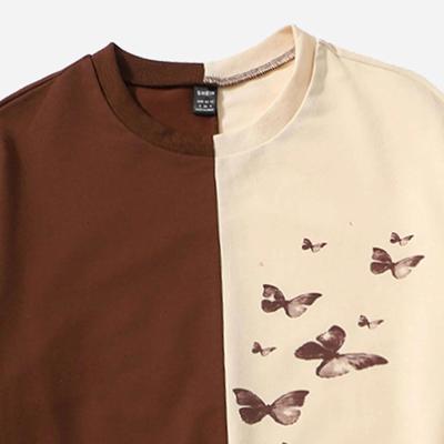 China Anti-wrinkle Custom Cut and Sew Patchwork Butterfly Print Sweatshirt Drop Shoulder Pullover Two Color Contrast Sweatshirt for sale