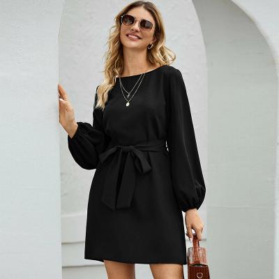 China Wholesale Custom Made Anti-Static Solid Color Black Crew Neck Belted Casual Wear Women Bishop Sleeve Mini for sale