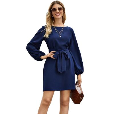 China Dark Blue Bishop Sleeve Mini Women's Anti-Static Waist Drawstring Custom Wholesale Ladies Crew Neck Casual Outfits for sale