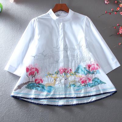 China Ethnic style embroidery fashion anti-pilling belt-tarpaulin loose three-quarter sleeves stand up collar blouse for women for sale