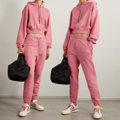 China anti-wrinkle oem women's simple pink terry pink waist fit sweatsuits cropped drawstring embroidery sweatpants and hoodie set for sale