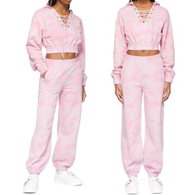 China wholesale Anti-wrinkle women work out tracksuit suit drawstring up tie dye cropped women sweatpants and hoodies set for sale