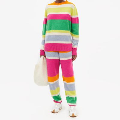 China Wholesale Anti-wrinkle women's loungewear fashion multicolor stripes sweater suit 2 pieces knitted tracksuit set for sale