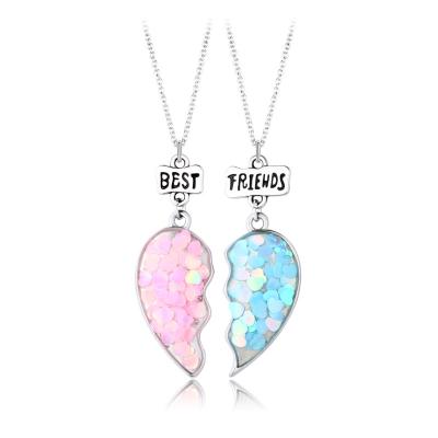 China Fashion Best Friends Necklaces Sequin Heart Pendant Chain Necklace BFF Quilted Friendship Jewelry Gifts For Girl Women for sale