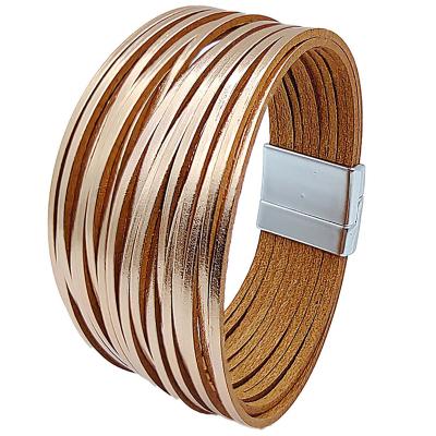 China CLASSIC simple gold silver color leather bracelets for women fashion 2023 bands multilayer wrap off bracelet jewelry for sale