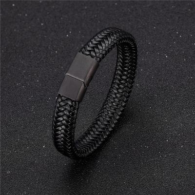 China CLASSIC Classic Black Leather Bracelet For Men Hand Jewelry Gift Business Handsome Bangle With Magnetic Metal Clasp for sale